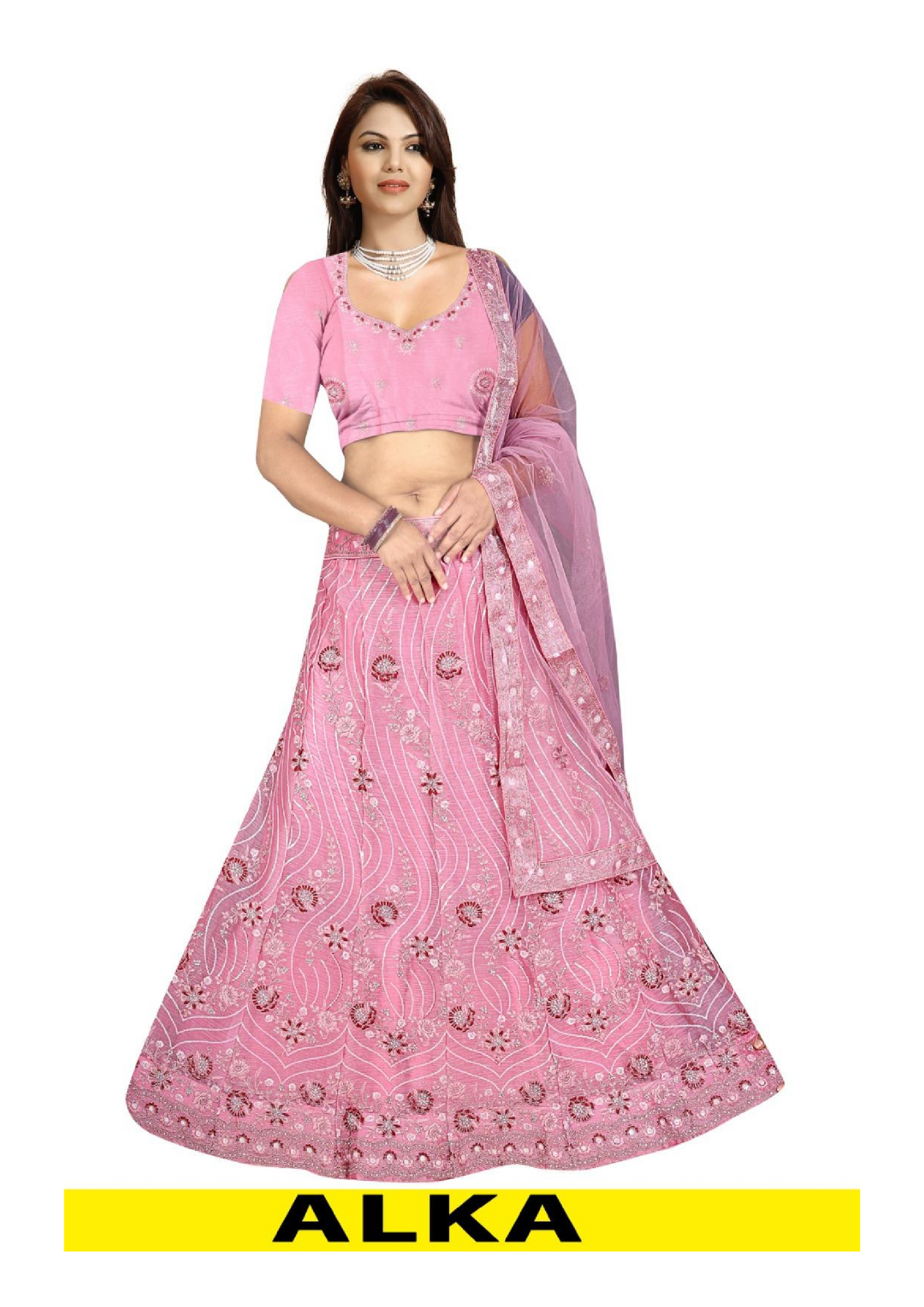 ALKA Baby Pink Embroidered Net Designer Lehenga Choli