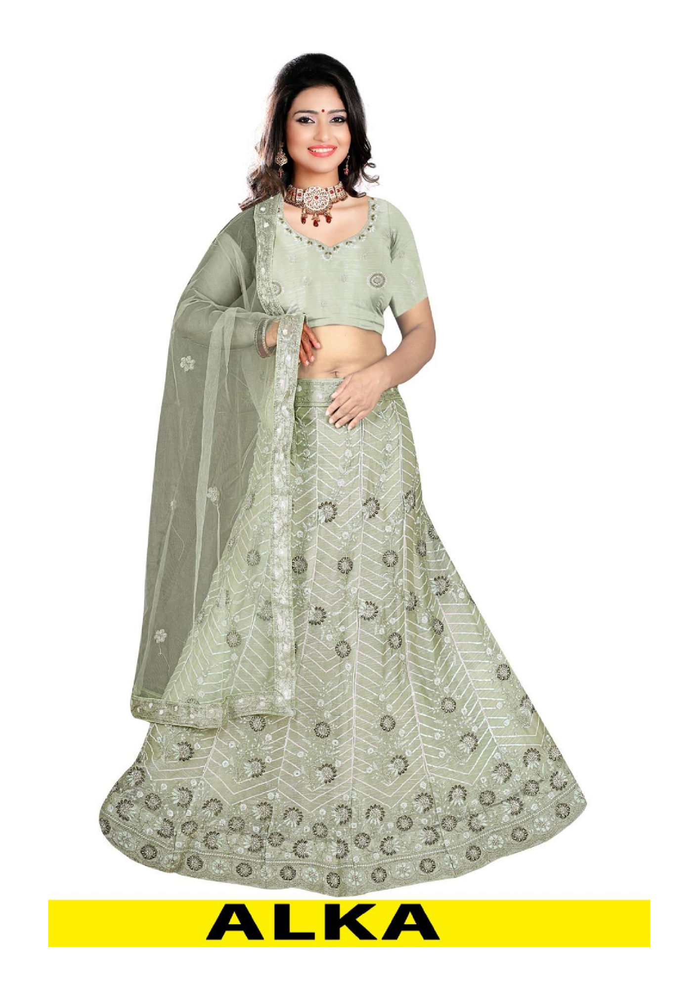 ALKA Baby Pink Embroidered Net Designer Lehenga Choli - Image 2