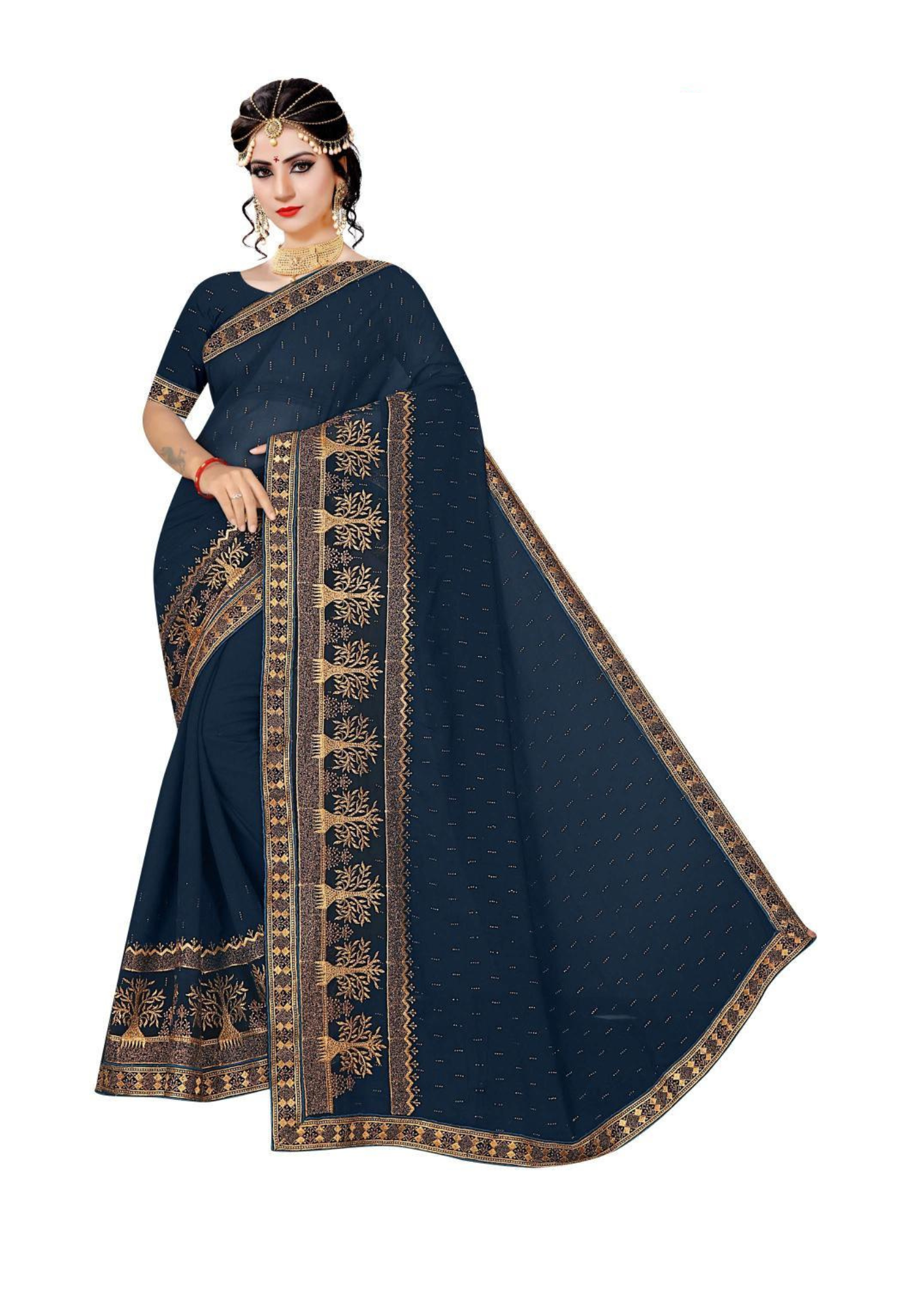 Sunshine Glow Mustard Yellow Saree with Elegant Golden Embroidery & Border Work - Image 3