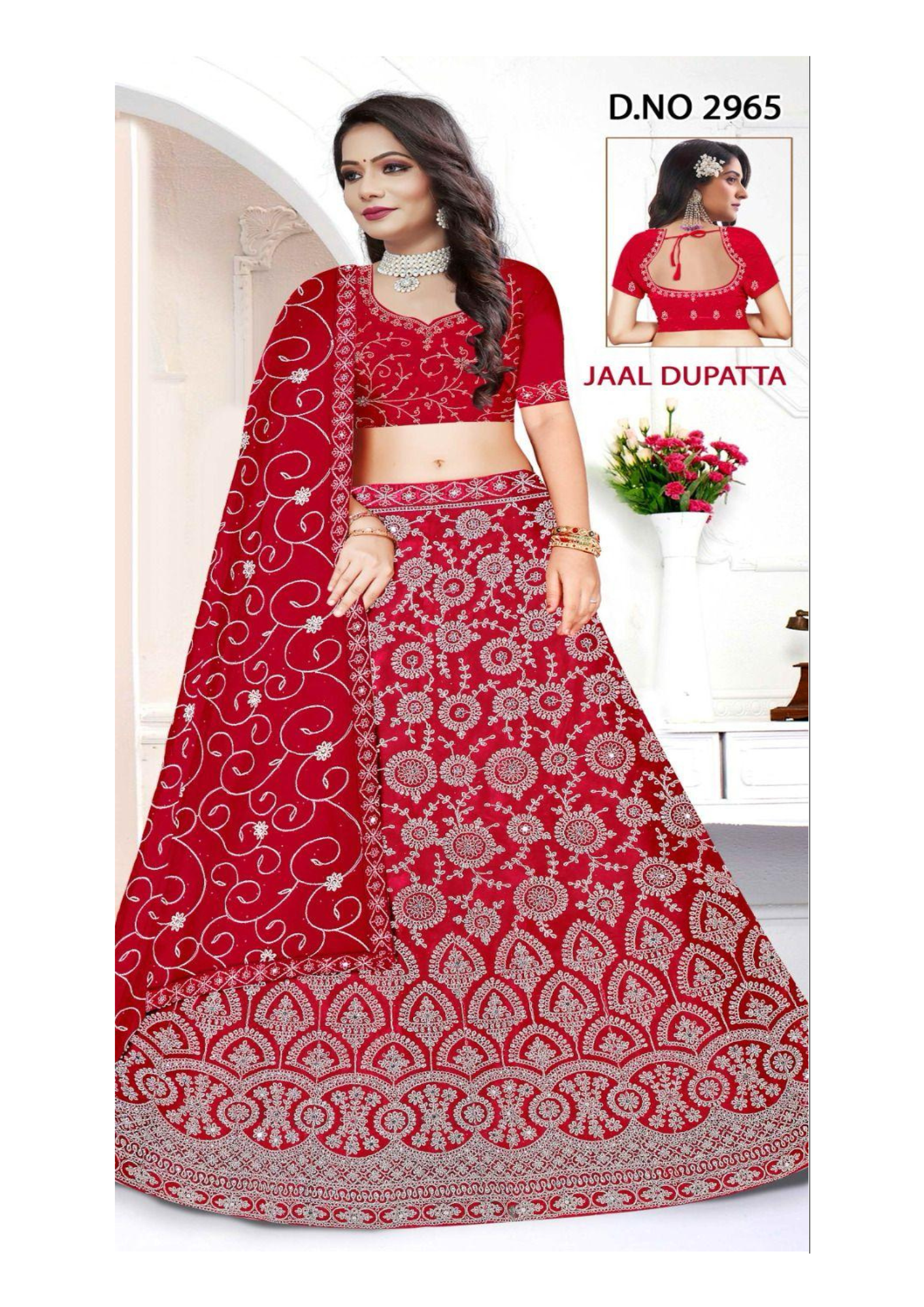 Jio-2965 Ravishing Red Net Embroidered Lehenga Choli with Jaal Dupatta