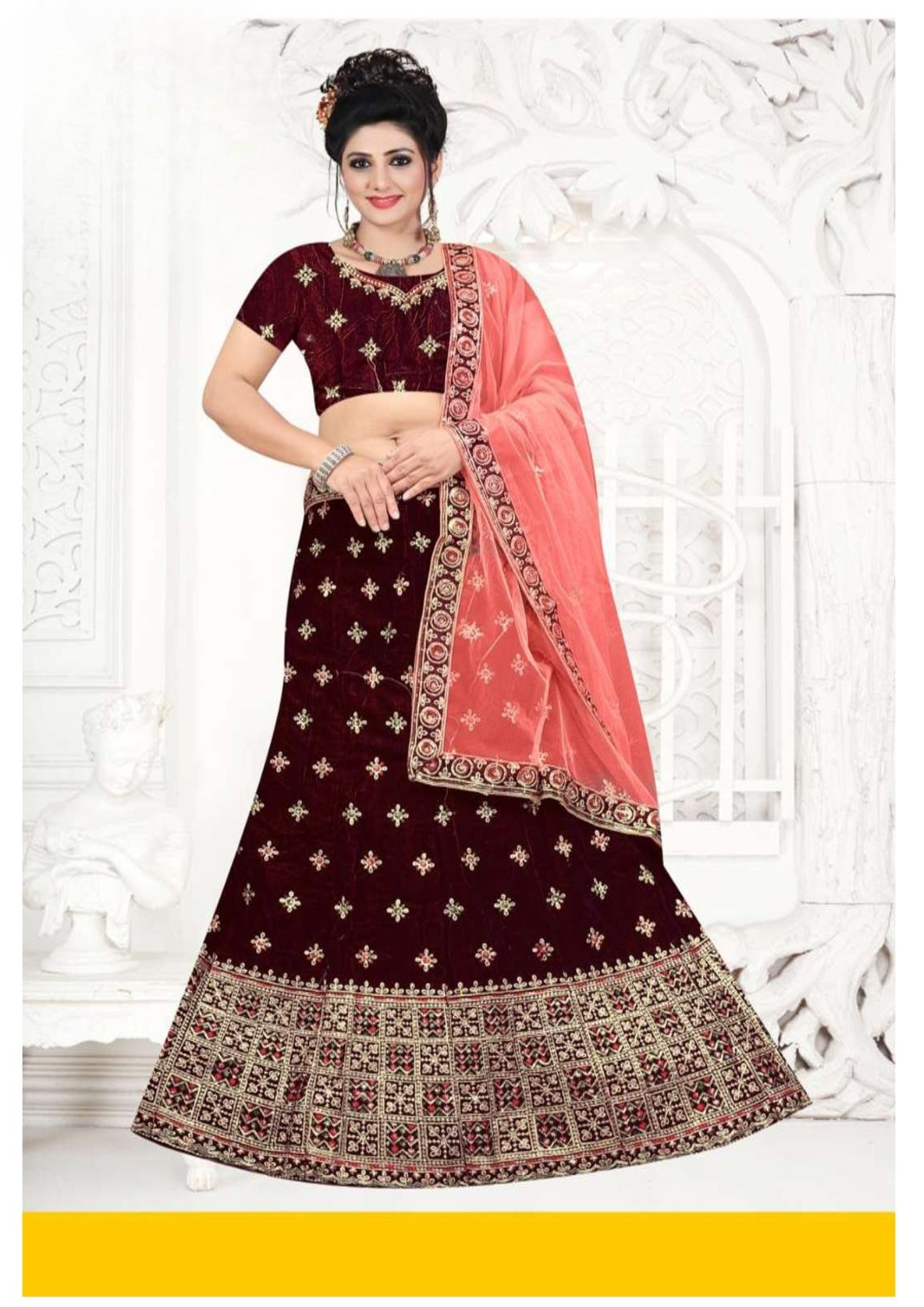 JAC-ICE CREAM-1 Maroon Velvet Embroidered Lehenga Choli with Peach Dupatta
