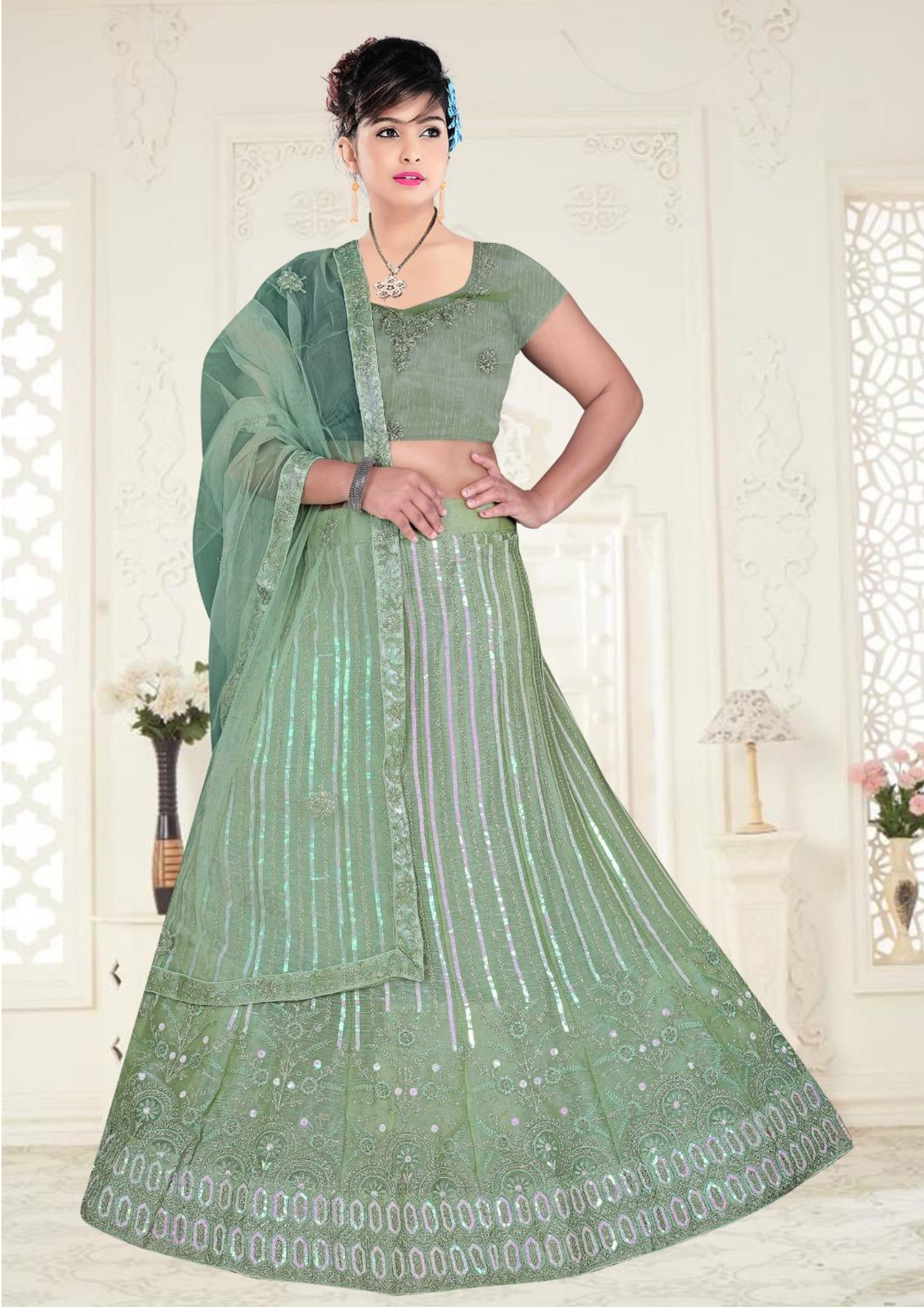 JAC-ALFA-1 Olive Green Net Embroidered Lehenga Choli