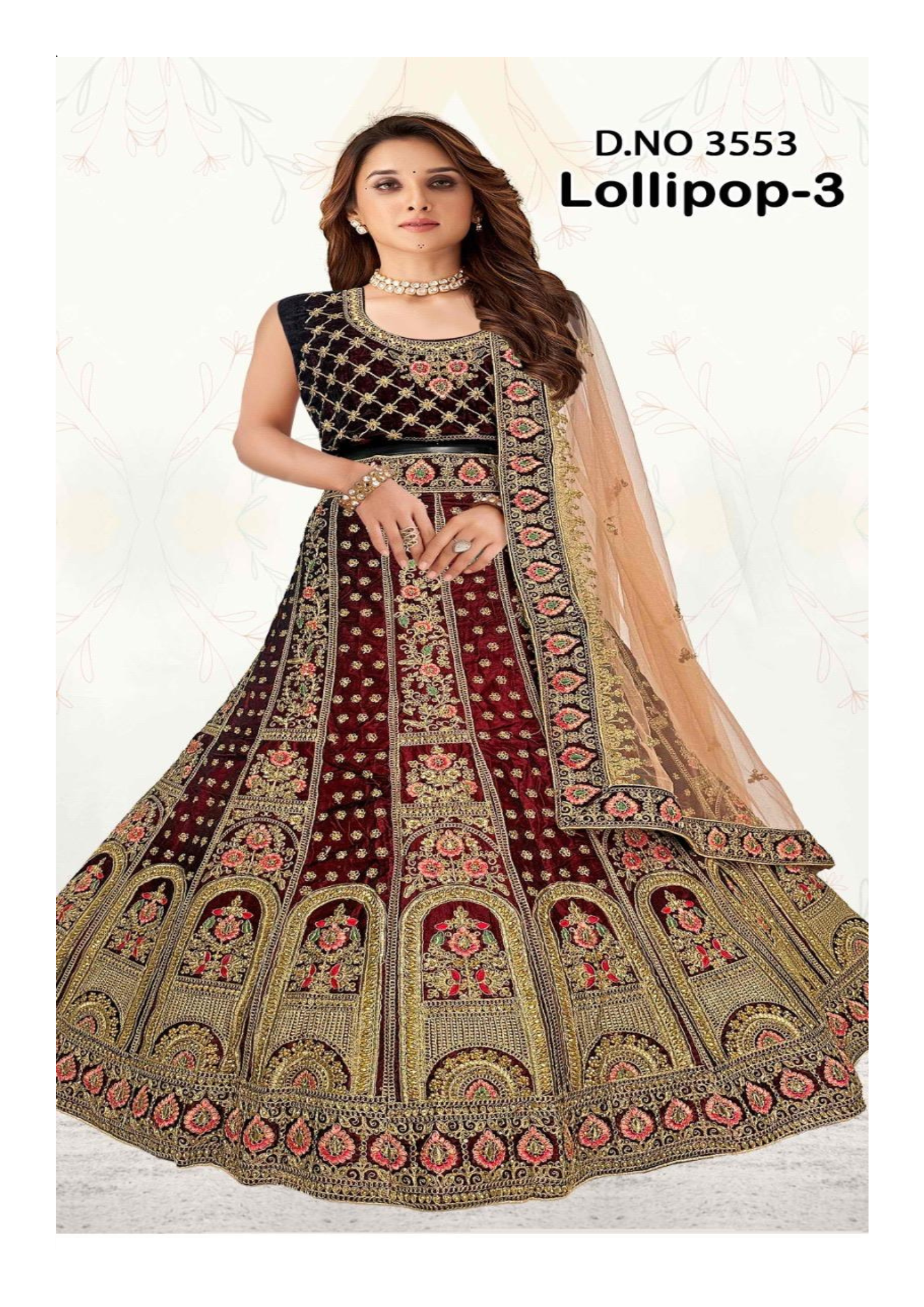 JIO-LOLLIPOP 3 Maroon Velvet Heavy Embroidered Bridal Lehenga Choli