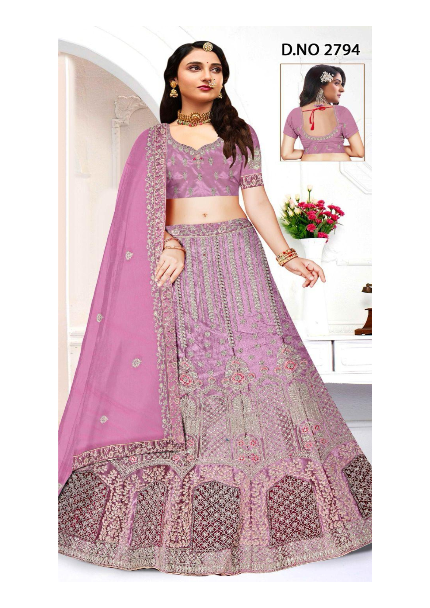 Elegant Lavender Velvet Embroidered Bridal Lehenga Choli with Zari & Jarkan Diamond Work – D.No 2794