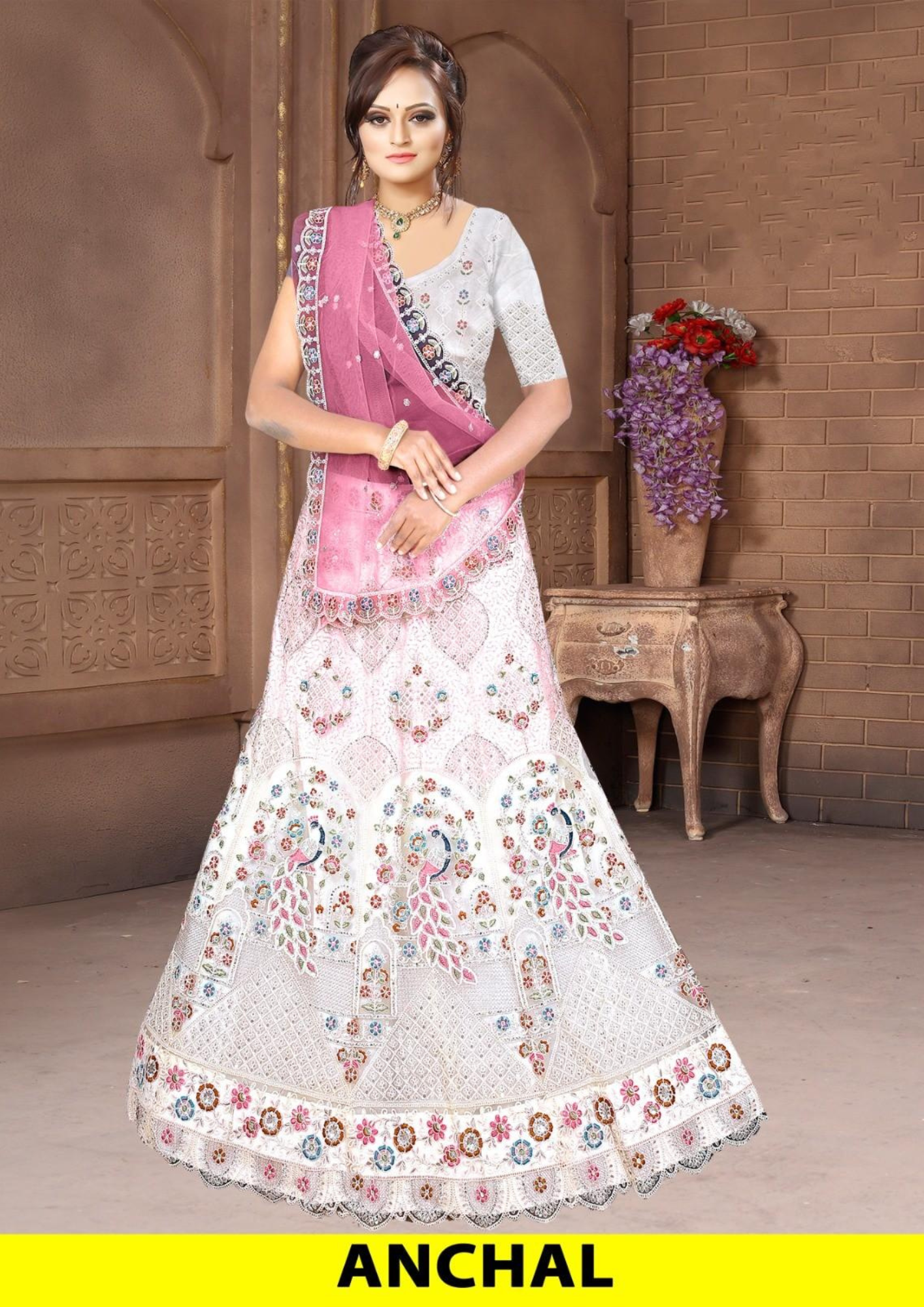 Anchal White and Pink Embroidered Lehenga Choli with Net Dupatta