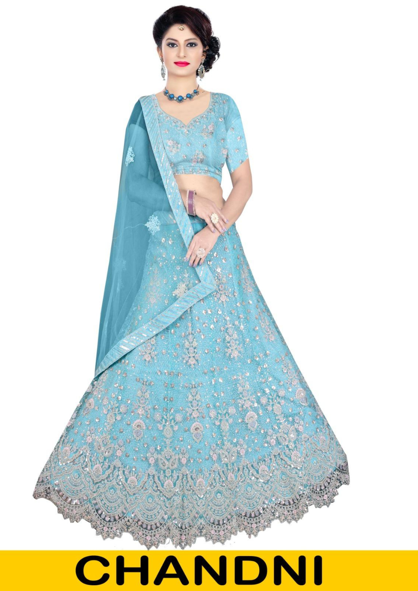 Chandni Sky Blue Net Embroidered Lehenga Choli with Dupatta