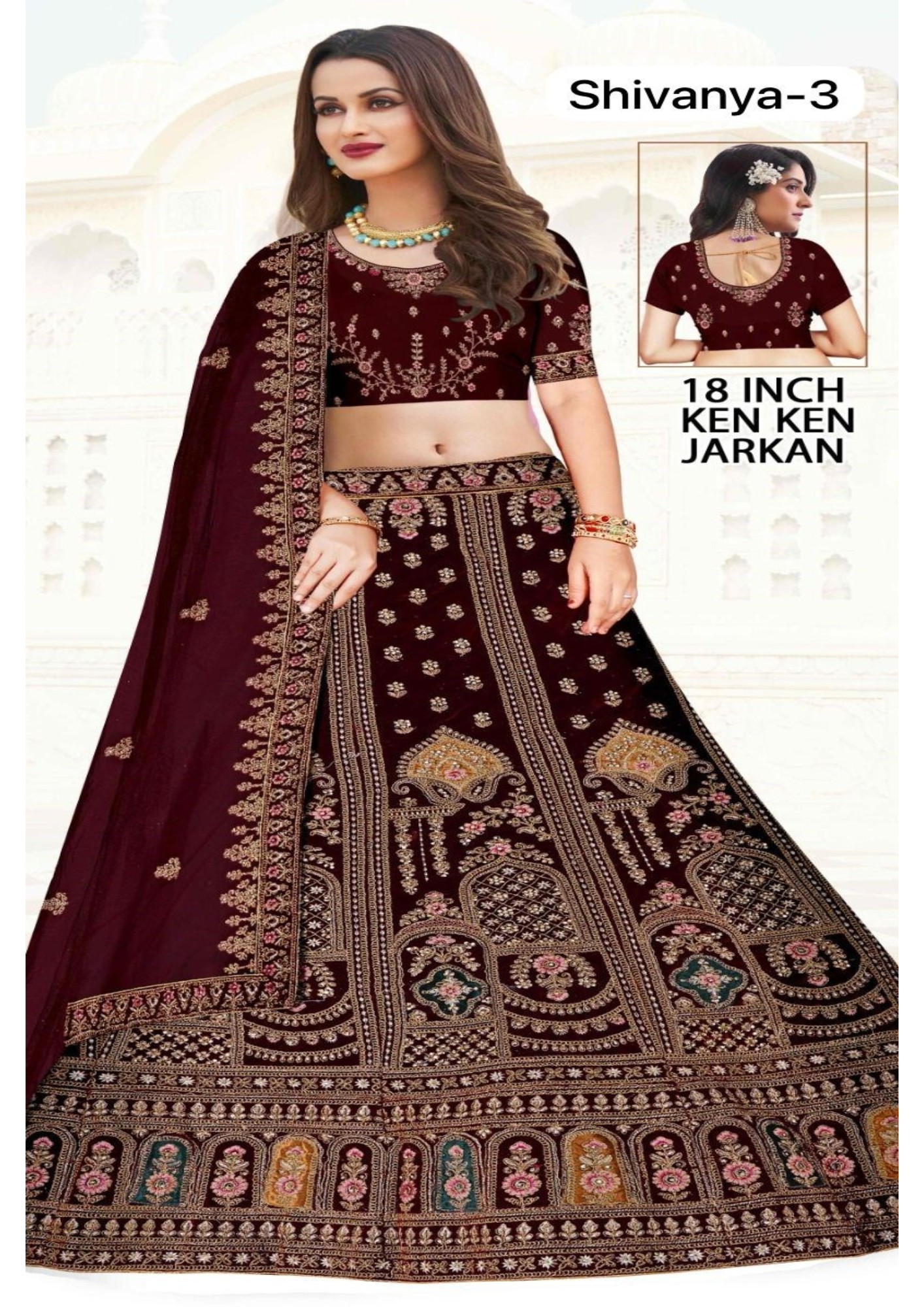 Shivanya-3 Maroon Velvet Embroidered Lehenga Choli with Jarkan Work